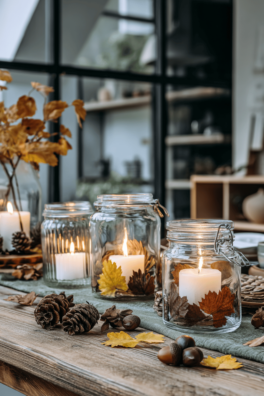 Ein Tisch, dekoriert mit DIY-Windlichtern in Einmachgläsern, Kerzen, Laub und Tannenzapfen.