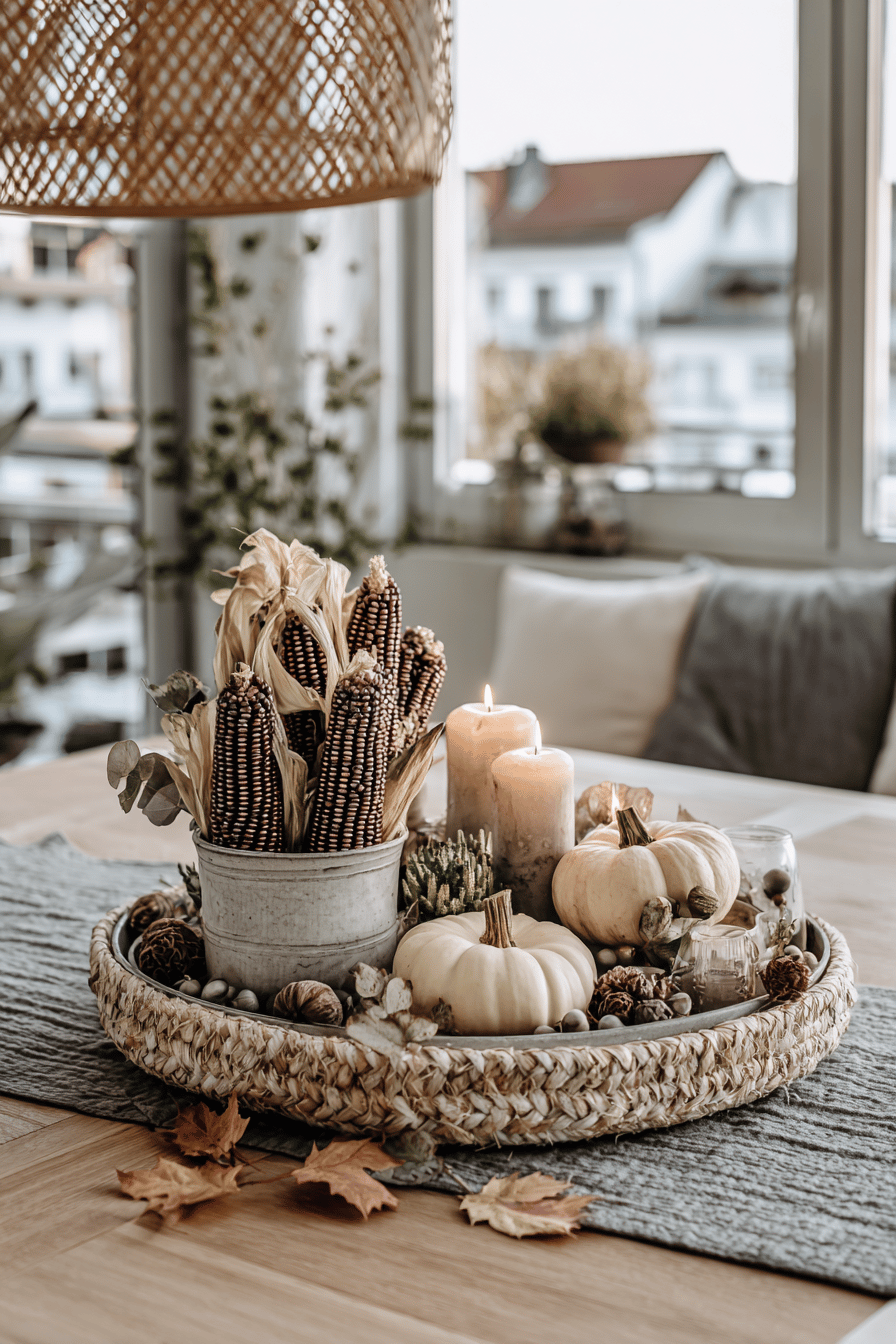 Ein Tisch mit herbstlicher Dekoration, darunter Ziermais in einem Topf, weiße Kürbisse und brennende Kerzen auf einem Tablett.