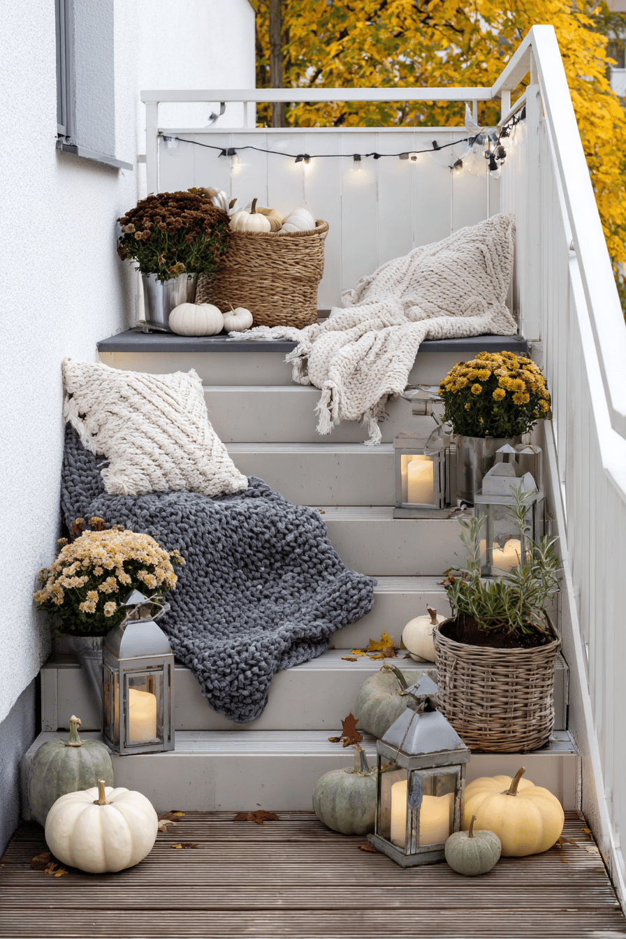 Herbstliche Treppe mit Laternen, Kürbissen und Decken dekoriert.