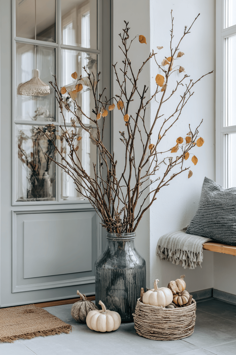 Ein Eingangsbereich mit herbstlichen Ast- und Kürbisdekorationen.