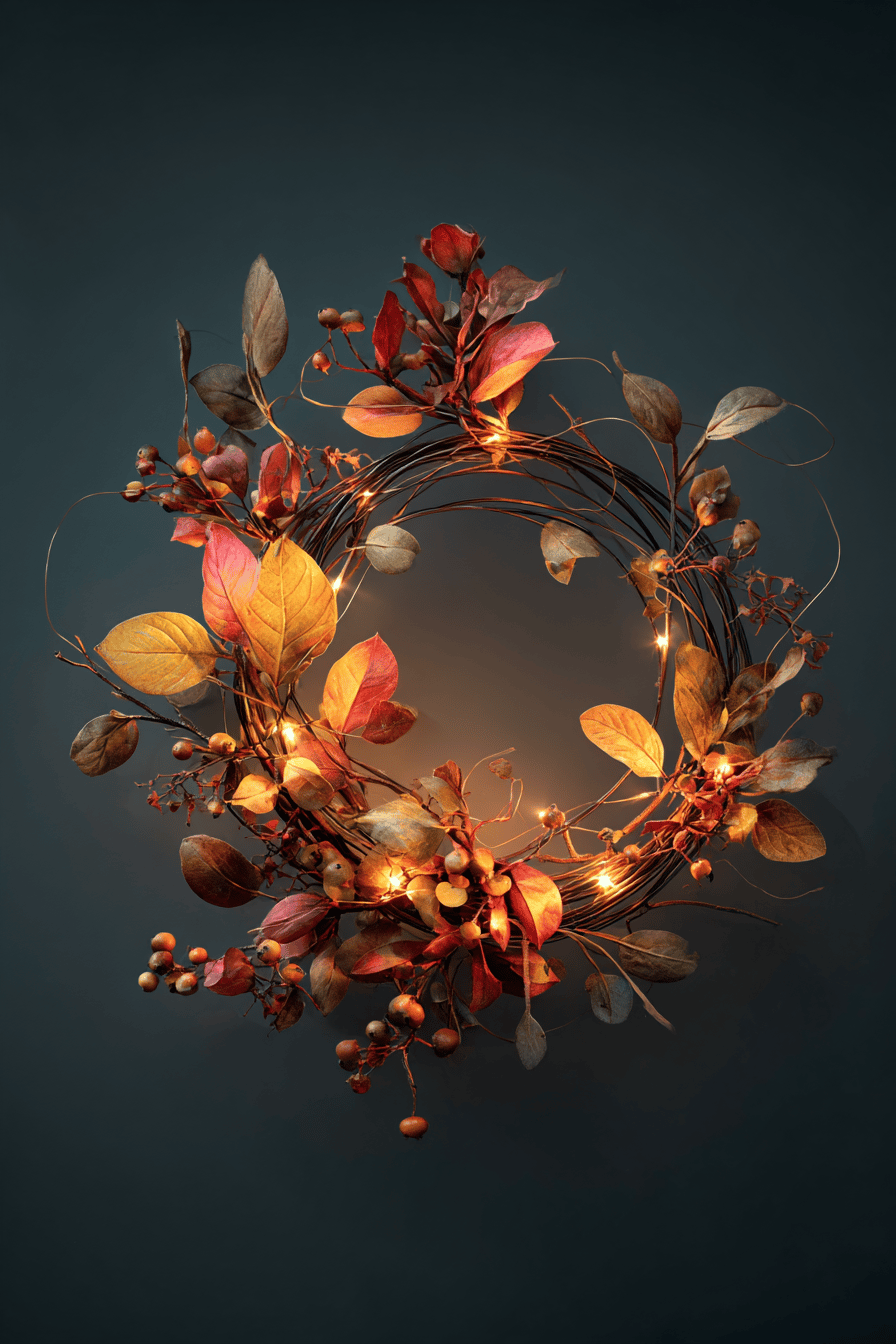 Ein dekorativer Herbstkranz aus Zink mit bunten Blättern und einer Lichterkette.
