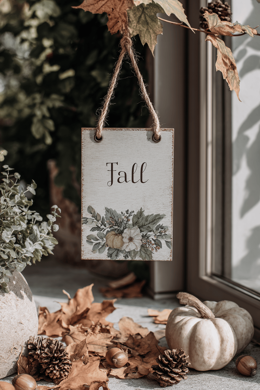 Ein hängendes Türschild mit der Aufschrift 'Fall', dekoriert mit herbstlichen Motiven.