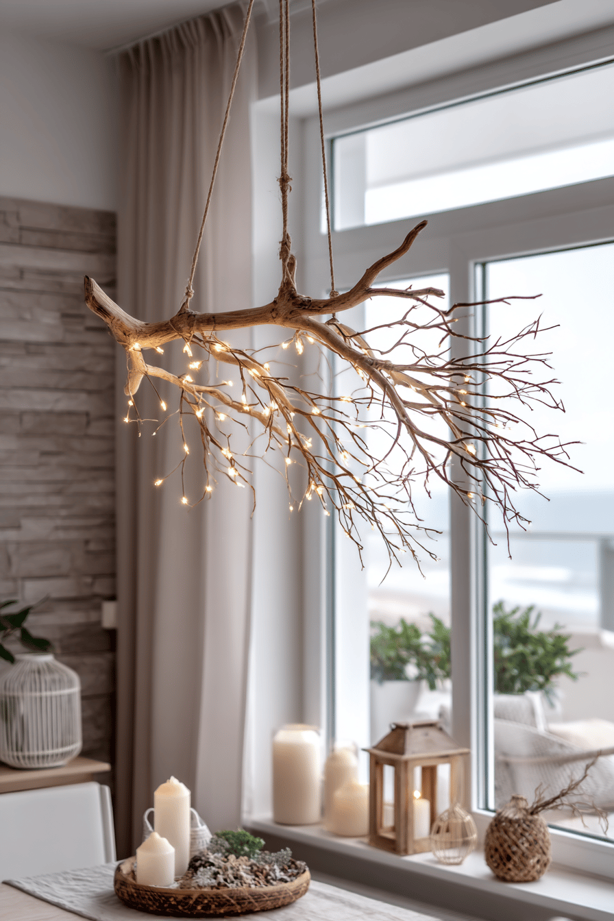 Ein hölzerner Ast, der an der Decke hängt, dekoriert mit einer Lichterkette vor einem Fenster.
