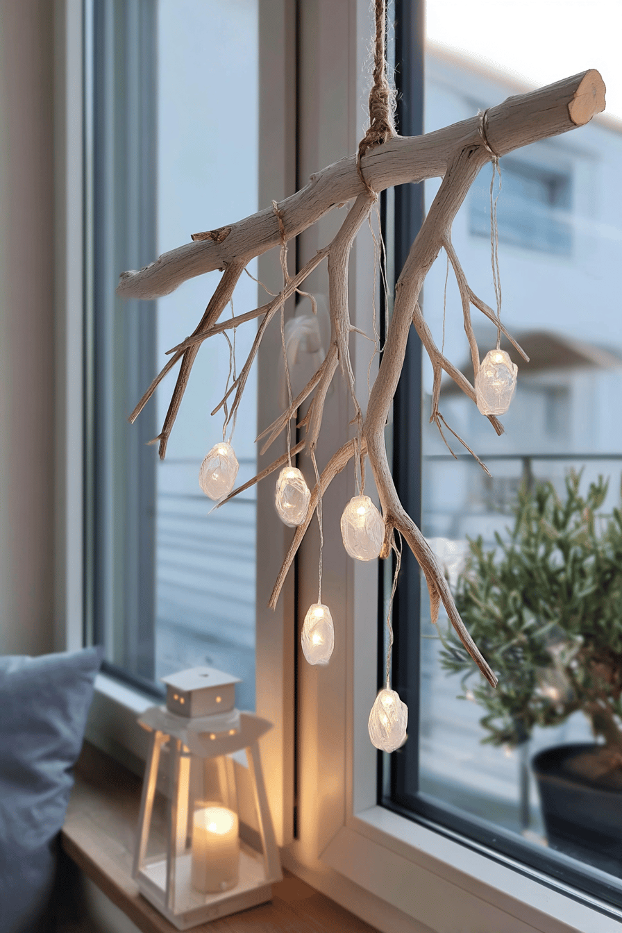 Beleuchteter Holzast mit hängenden Lichtern vor einem Fenster.