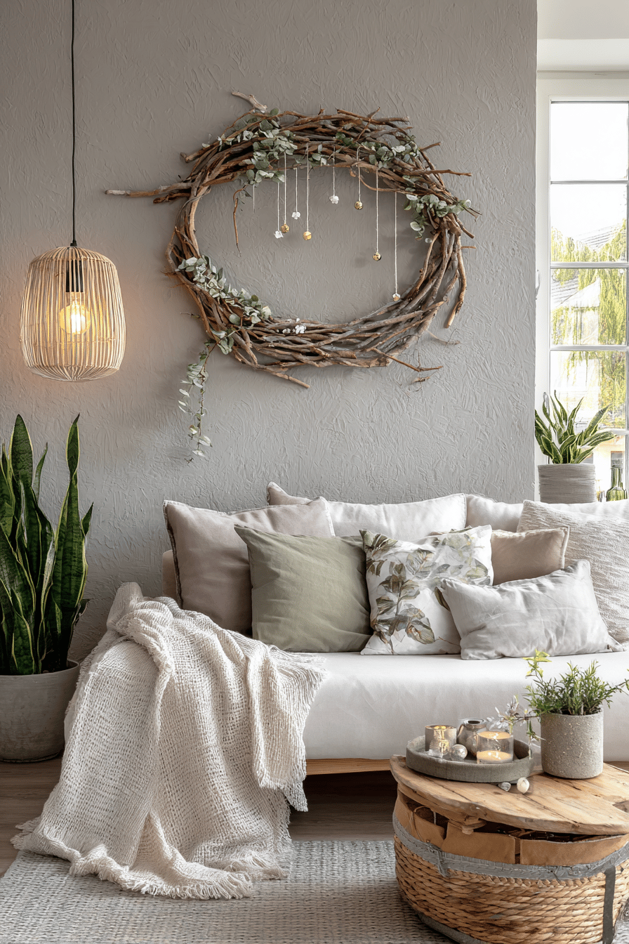 Gemütliches Wohnzimmer mit Dekoration aus naturbelassenen Ästen an der Wand.