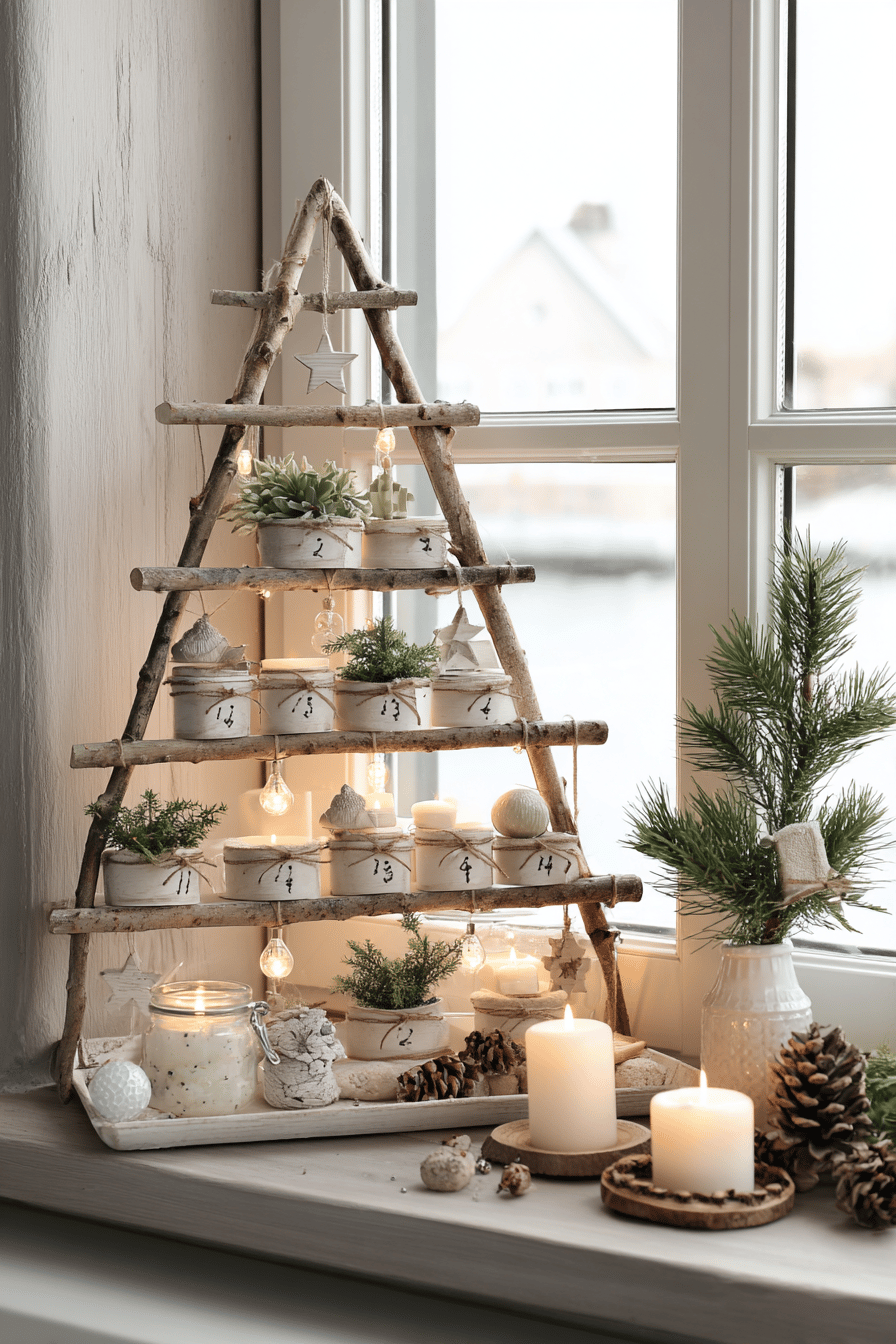 Ein dekorativer Adventskalender aus Holzästen mit kleinen Pflanzen und Kerzen auf einer Fensterbank.