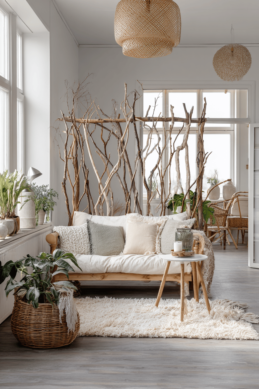 Ein heller Wohnraum mit natürlichen Holzästen als Raumteiler hinter einem weißen Sofa.