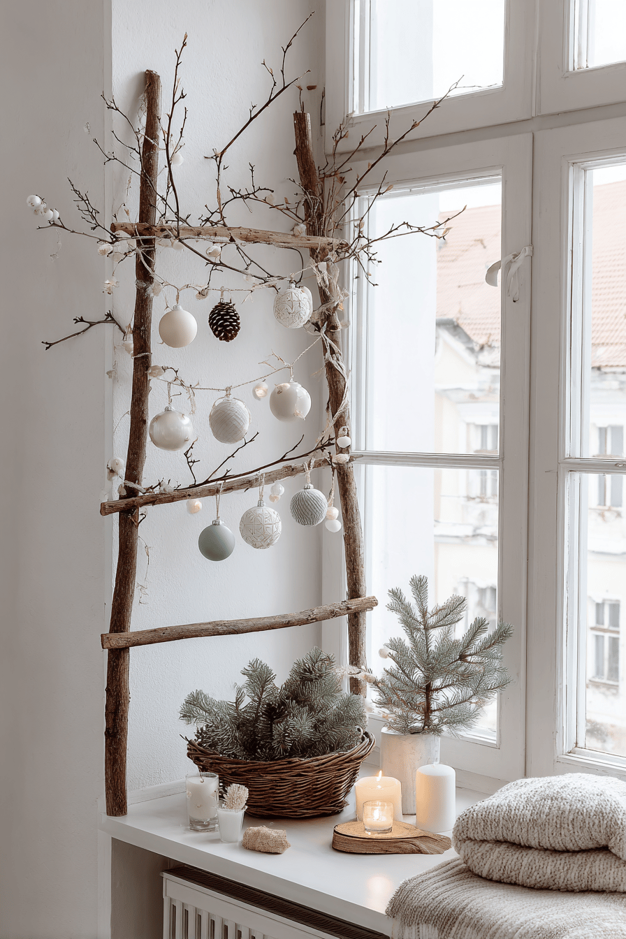 Weihnachtliche Wanddekoration aus Ästen mit Kugeln und Lichterketten vor einem Fenster.