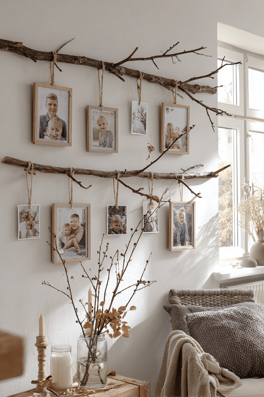 Holznäste an einer Wand mit hängenden Bilderrahmen.