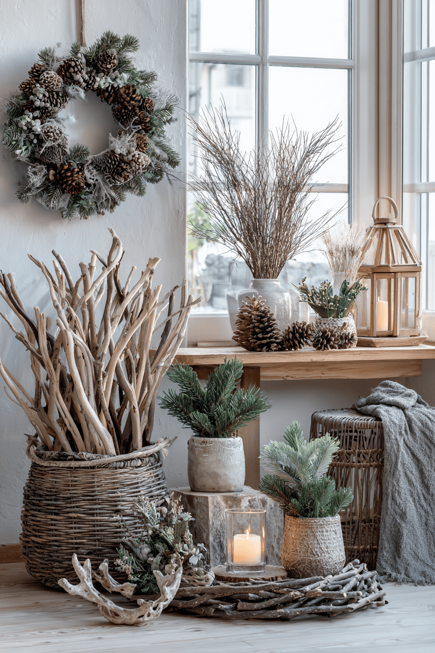 Eine gemütliche Weihnachtsdekoration mit gesammelten Holzästen, Tannenzapfen und Kerzen auf einem Fensterbrett.
