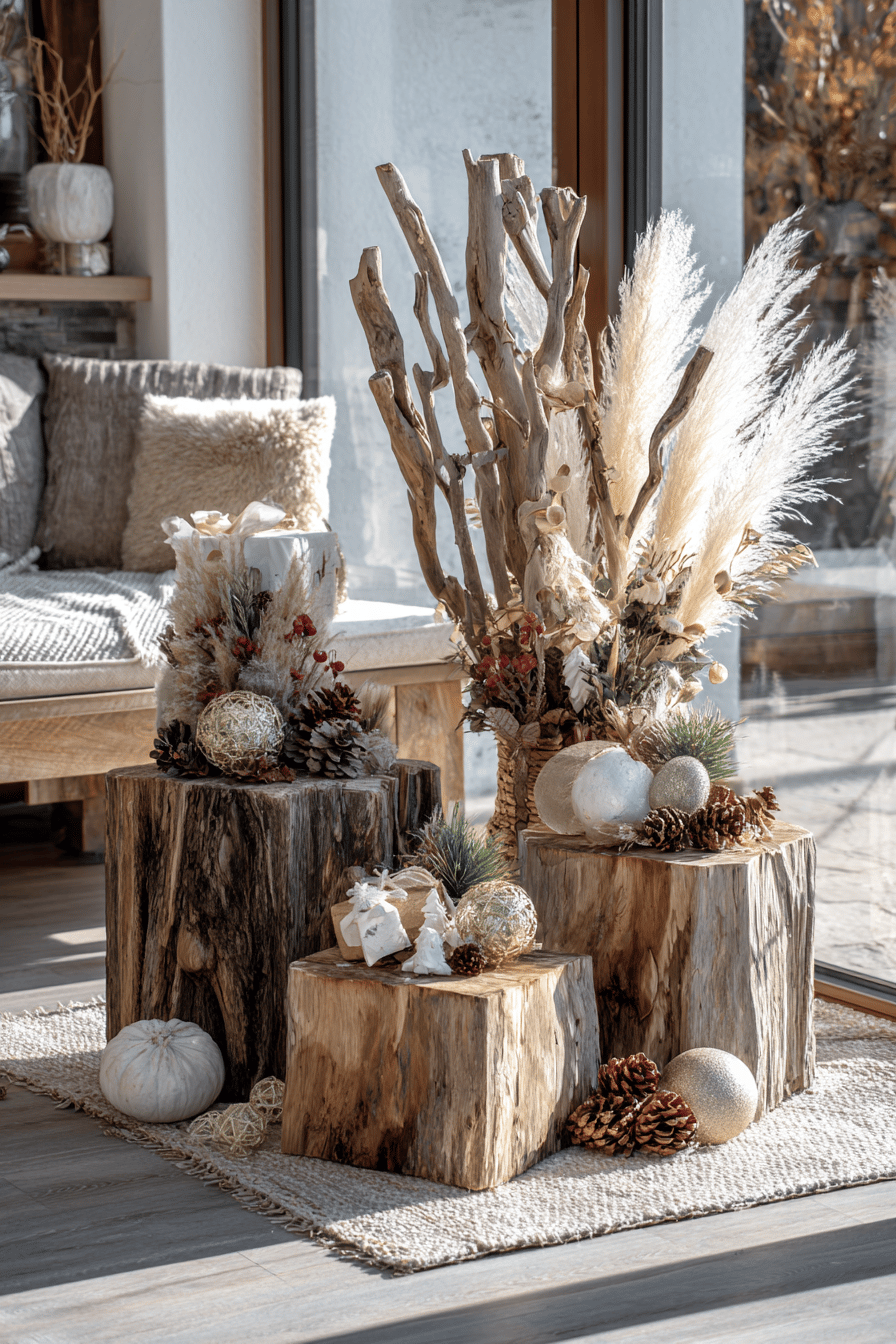 Ein Arrangement aus Holzblöcken mit dekorativen Zweigen und natürlichem Schmuck.