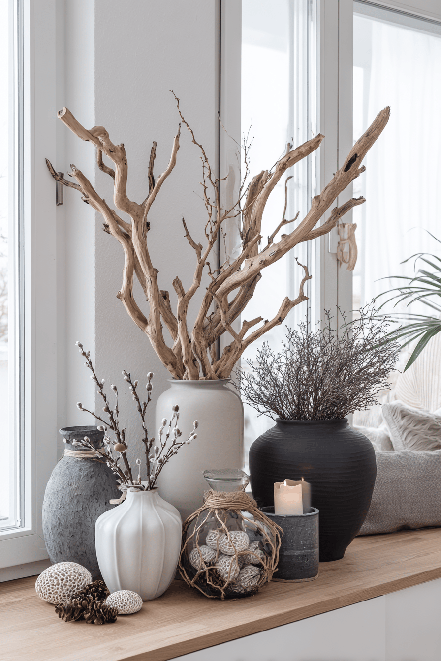 Vasen mit dekorativen Holzästen und Naturmaterialien auf einer Fensterbank.