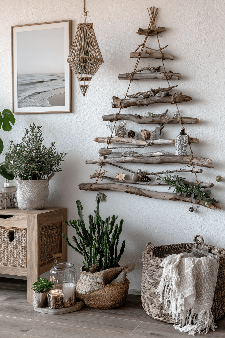 Wanddekoration aus Holzästen in Form eines Baums mit verschiedenen Deko-Elementen.