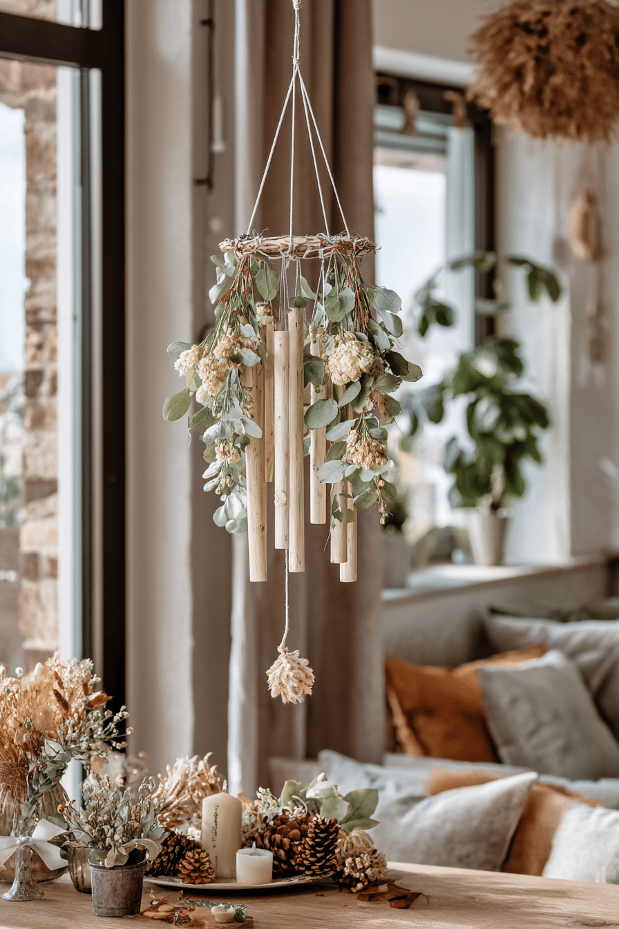 Ein hängendes Windspiel aus Holzstäben und Blumen in einem gemütlichen Raum.