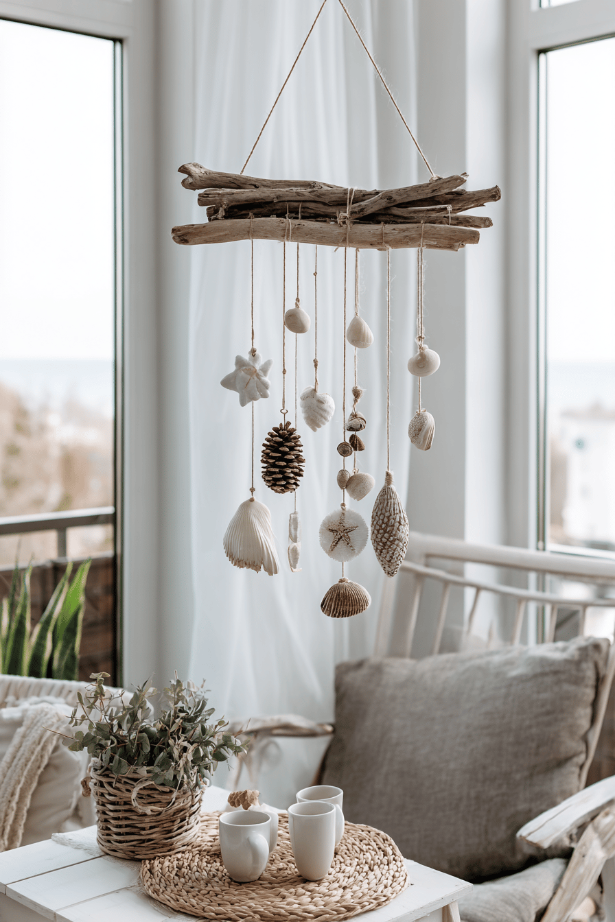 Hängendes Mobile aus Treibholz mit Muscheln, Zapfen und anderen Naturmaterialien vor einem Fenster.