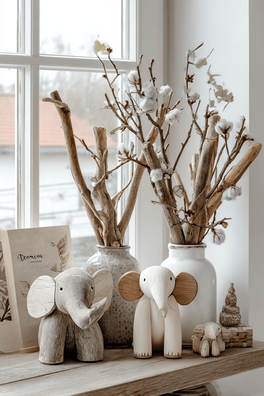 Holzdekoration mit Elefantenfiguren und Ästen in Vasen auf einer Fensterbank.