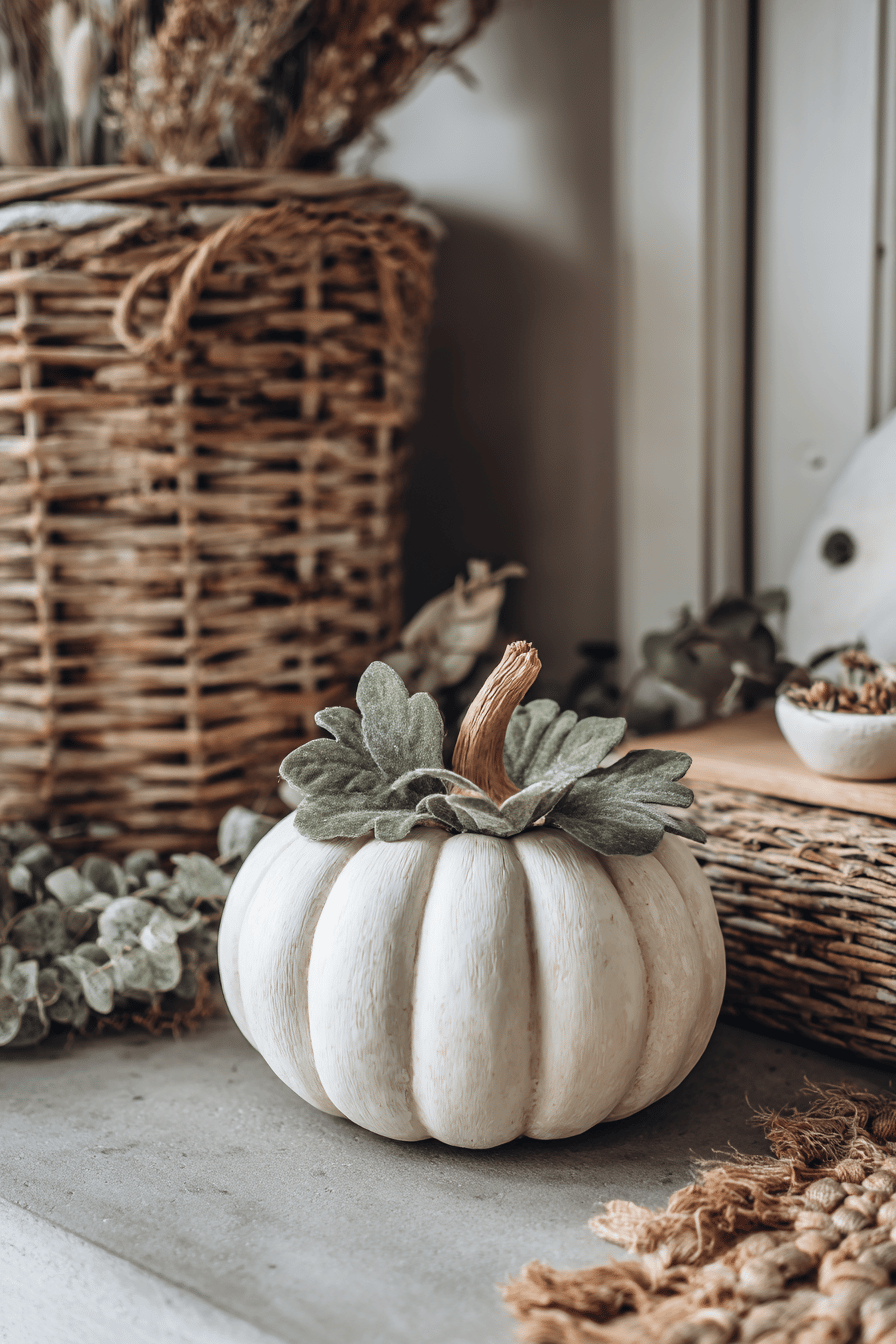 Ein weißer Deko-Kürbis mit grünen Blättern auf einem Tisch, umgeben von Körben und herbstlicher Dekoration.