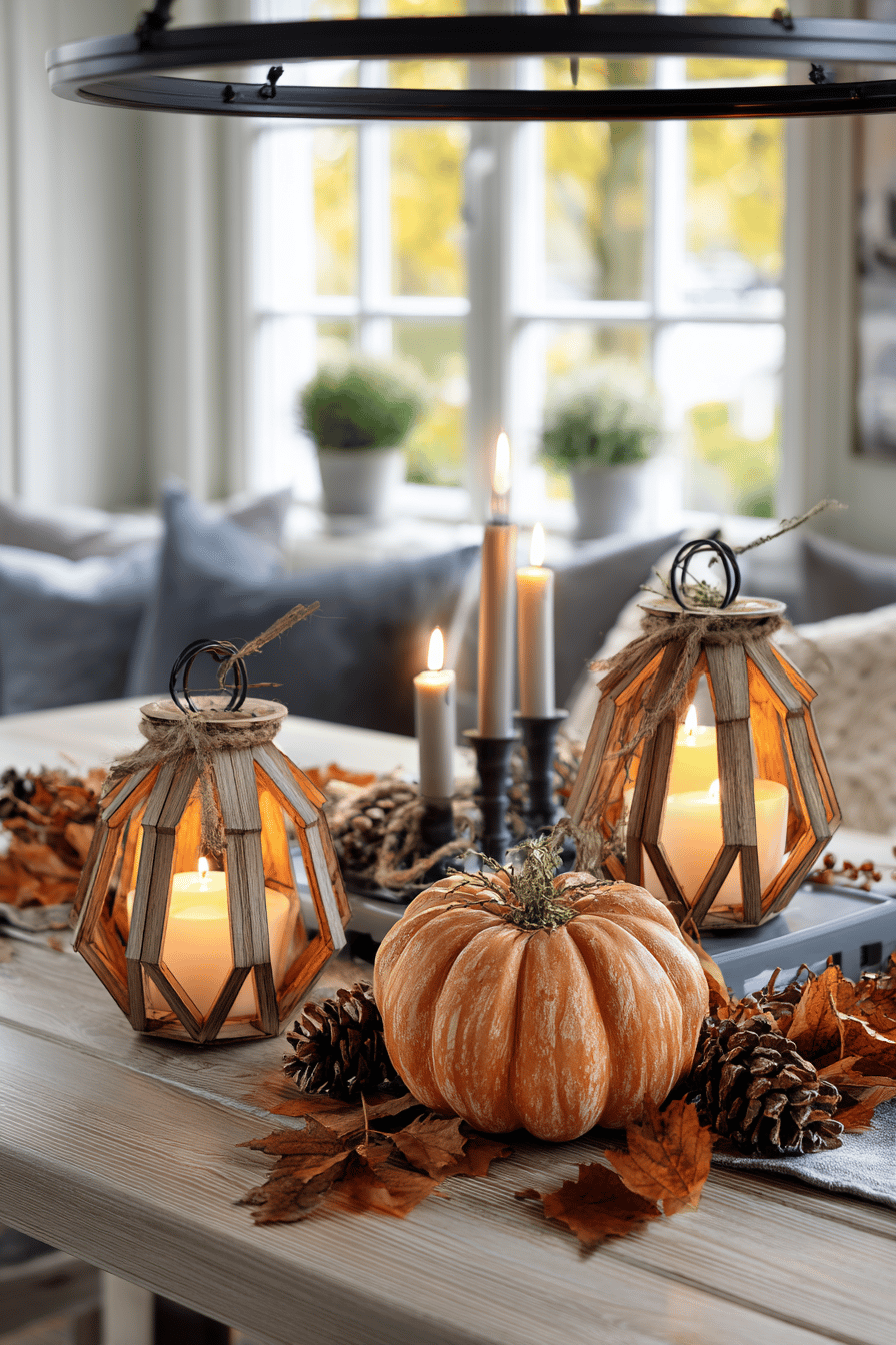 Herbstlich dekorierter Tisch mit Kürbis-Windlichtern, Kerzen und herbstlichen Accessoires.