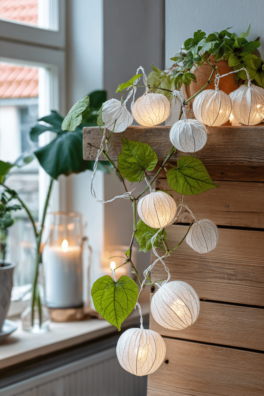 Lichterkette aus Lampionblumen und Physalis an einem hölzernen Regal, dekoriert mit grünen Blättern.