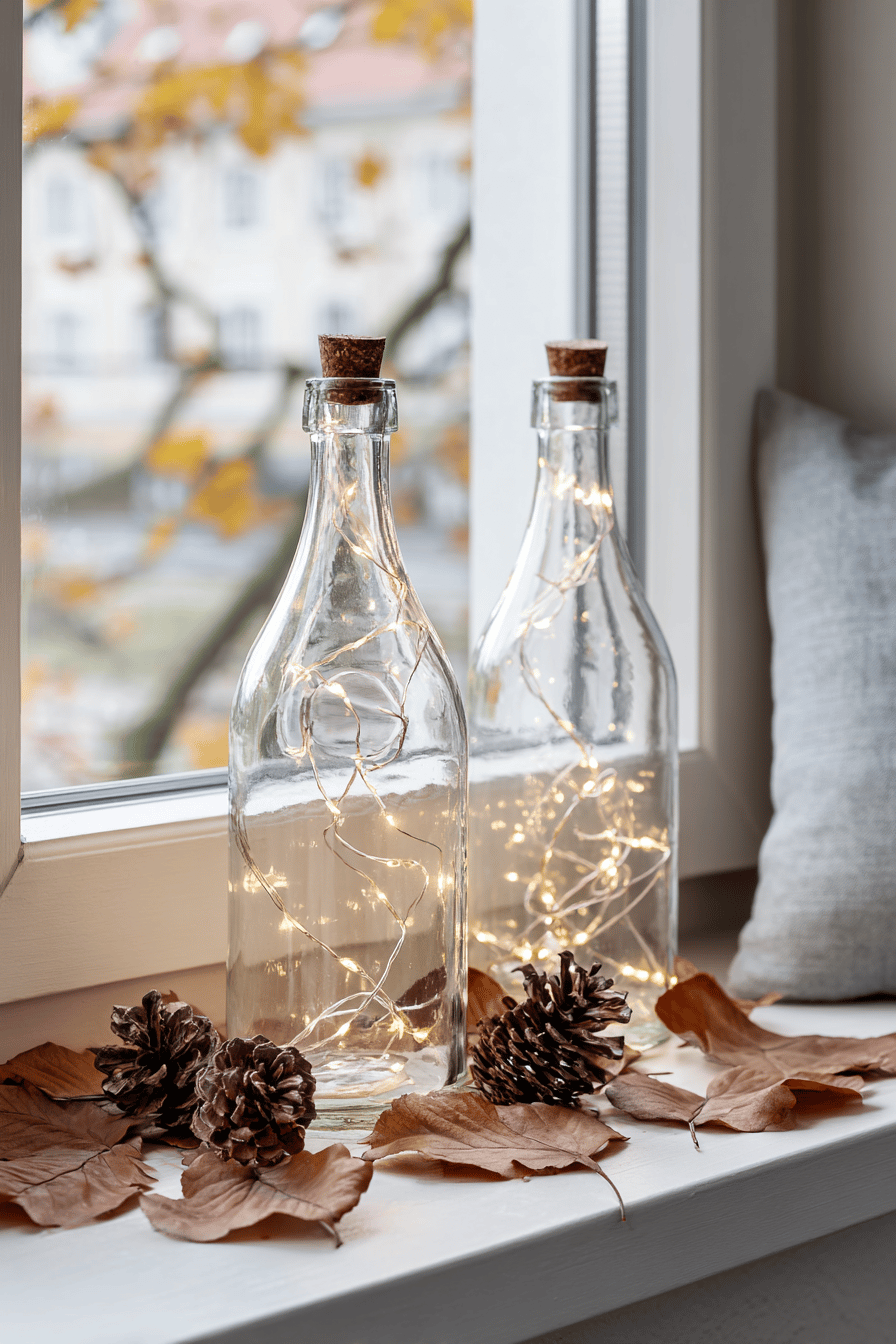 Glasflaschen mit Lichterketten und Herbstdekoration auf einer Fensterbank.