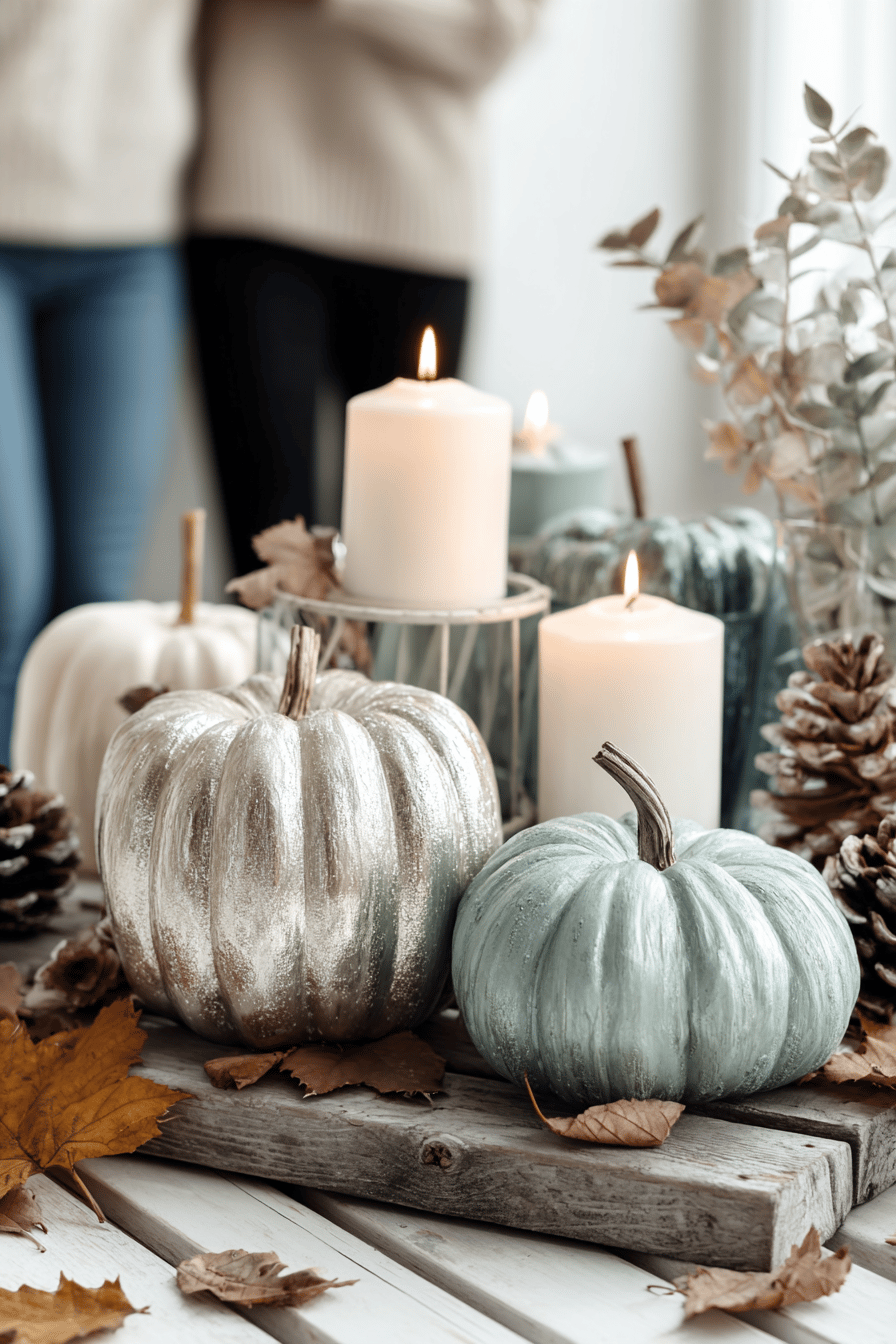 Silberne Kürbisse und Kerzen auf einem Holztisch, umgeben von Herbstblättern.