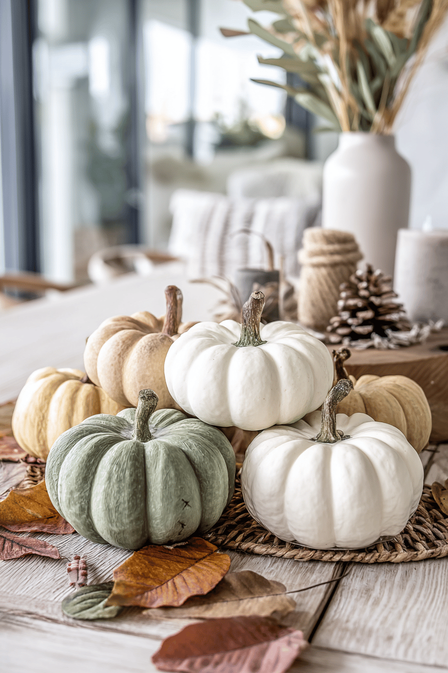 Eine stilvolle Tischdeko mit Mini-Kürbissen und Herbstblättern.