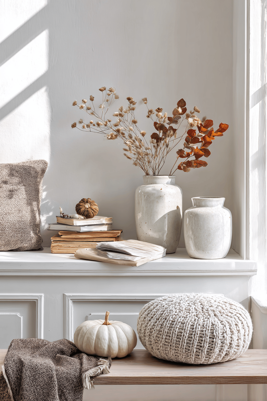Ein heller Raum mit minimalistischer Herbstdekoration: zwei Vasen mit Trockenblumen, Stoffkissen und ein kleiner Kürbis auf einem Regal.