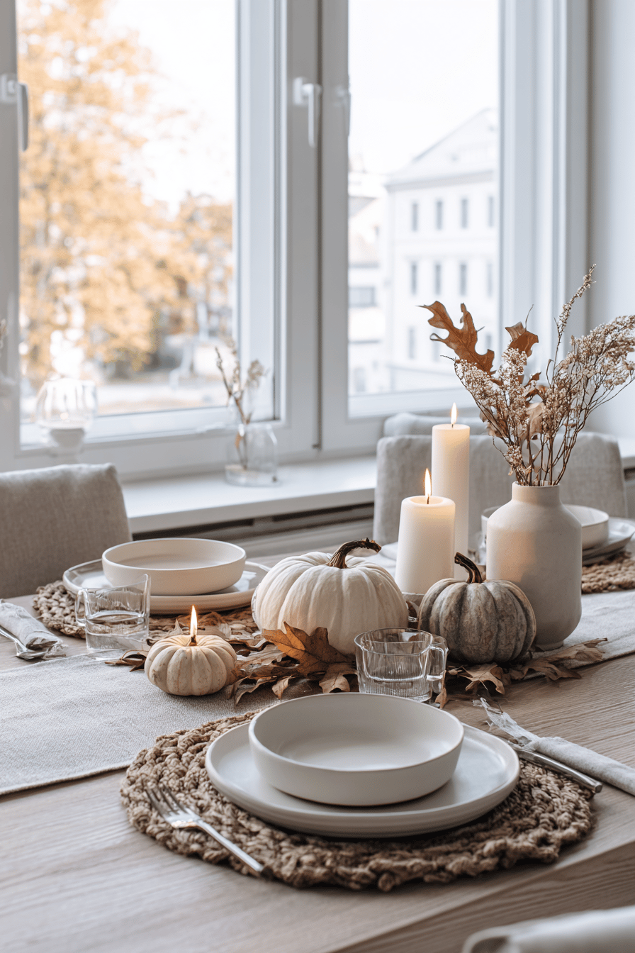 Ein stilvoll gedeckter Tisch mit weißen und grauen Kürbissen, Kerzen und dezenten Herbstblättern.