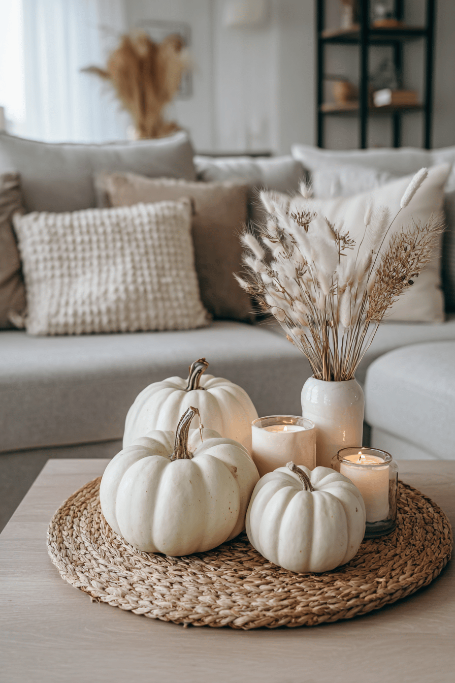 Weiße Kürbisse und Kerzen auf einem Tisch als moderne Herbstdekoration.
