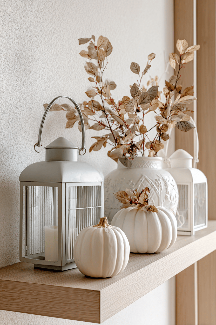 Eine elegante Anordnung von weißen Laternen, Kürbissen und getrockneten Zweigen auf einem Holzregal.