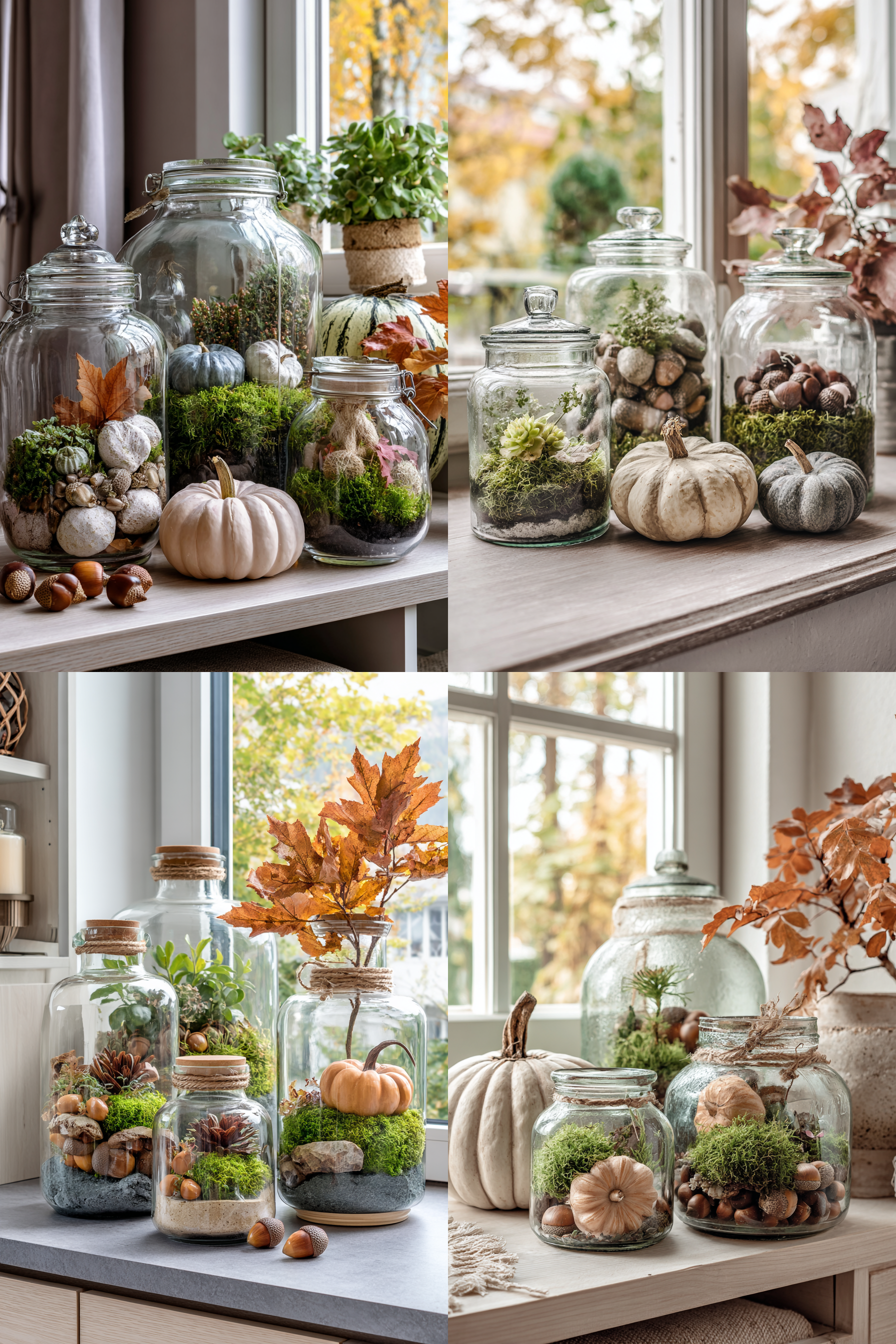 Verschiedene gläserne Behälter mit Moos, Kürbissen und Herbstdekoration auf einem Fensterbrett.