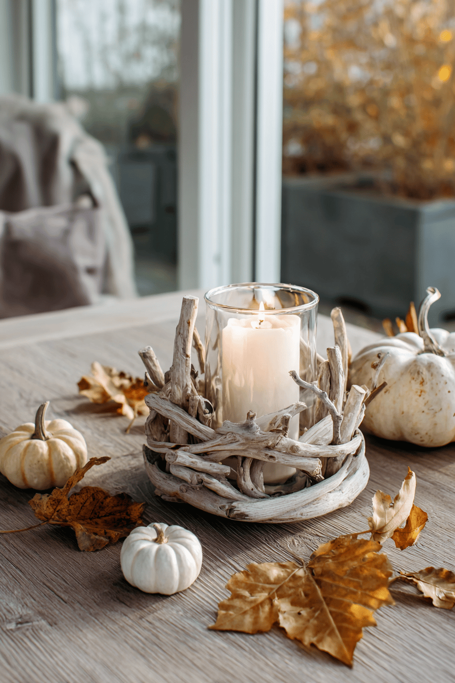 Ein Kerzenhalter aus Holzästen, umgeben von kleinen Kürbissen und Herbstblättern auf einem Holztisch.