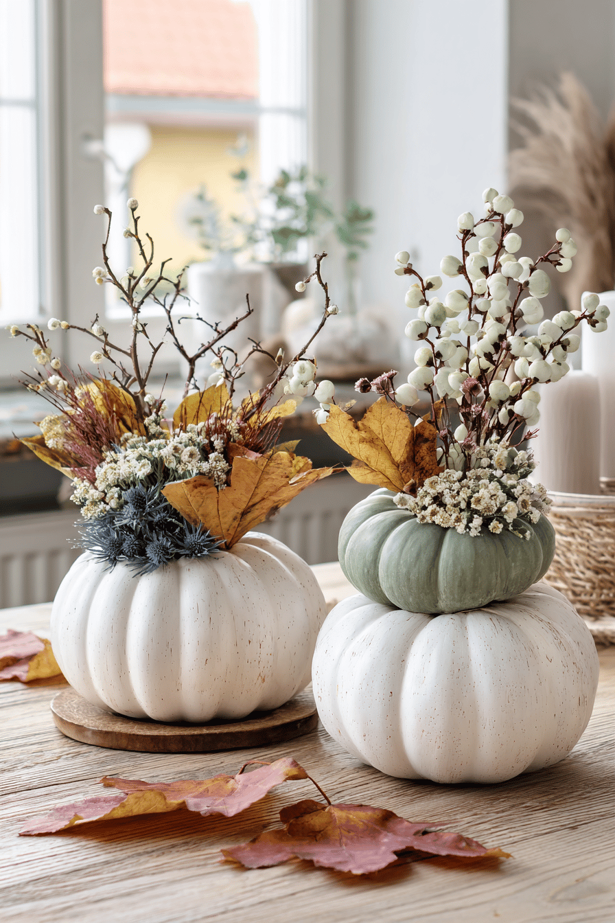 Zwei dekorative Kürbisse, gefüllt mit getrockneten Blumen und Zweigen, auf einem Holztisch.
