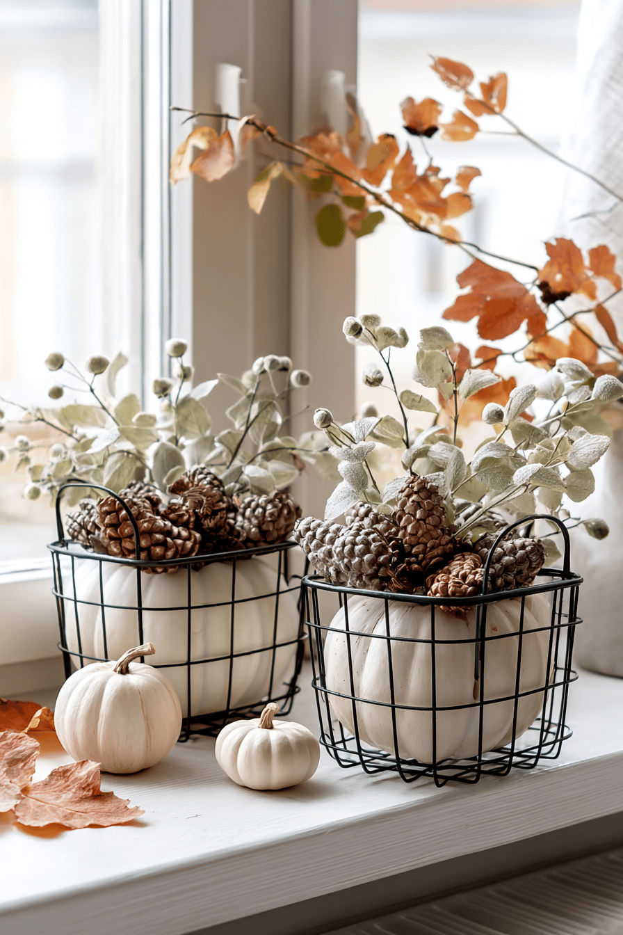 Zwei Drahtkörbe mit herbstlichen Dekorationen aus Nusszapfen und Hagebutten auf einer Fensterbank.