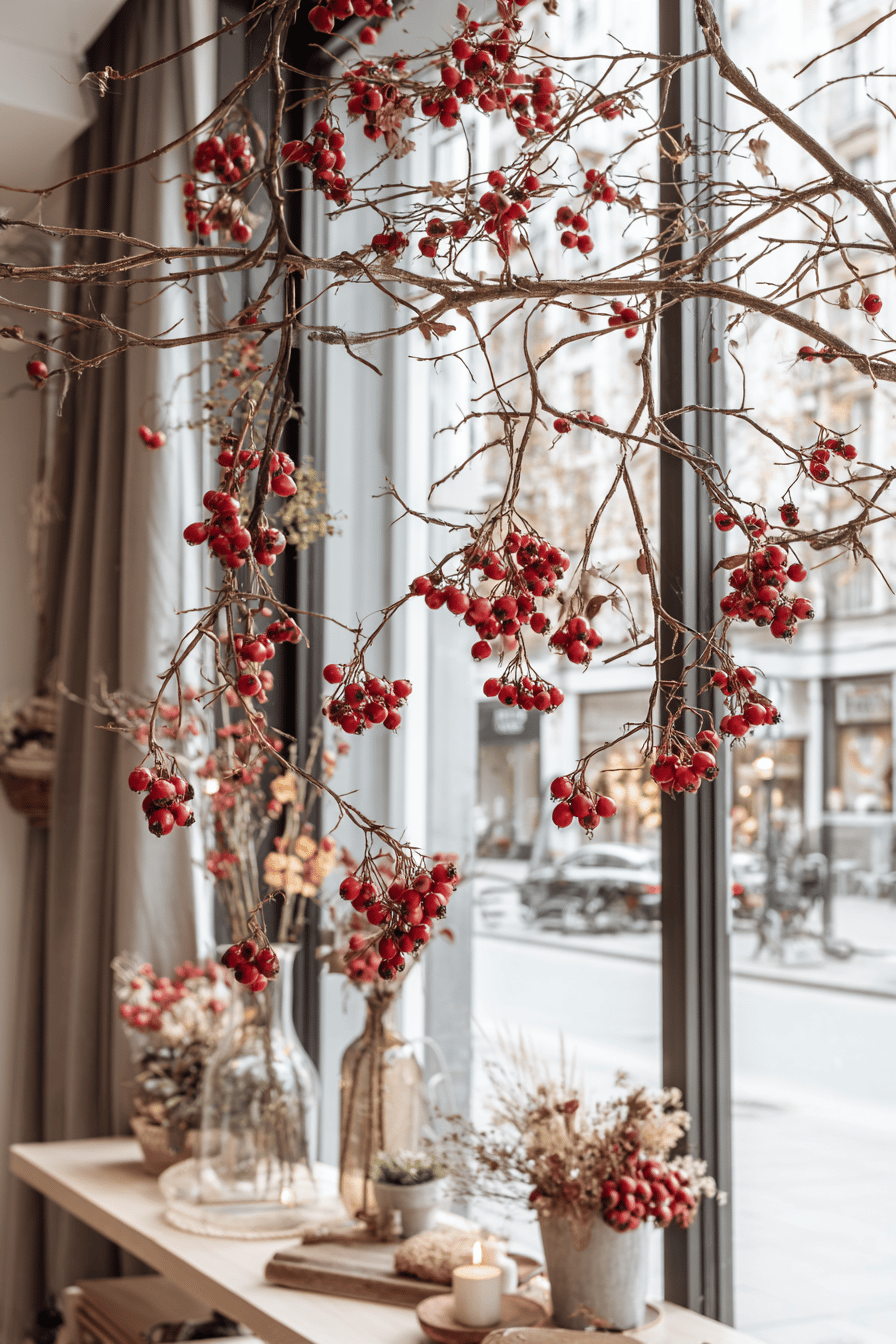 Schaufenster mit herbstlicher Dekoration aus Hagebuttenzweigen und Beeren.
