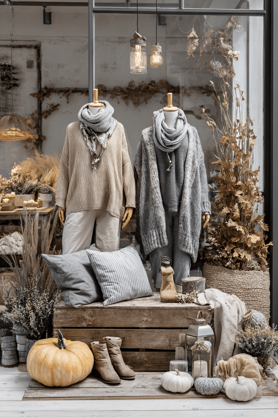 Herbstlich dekoriertes Schaufenster mit warmen Tönen und natürlichen Elementen.