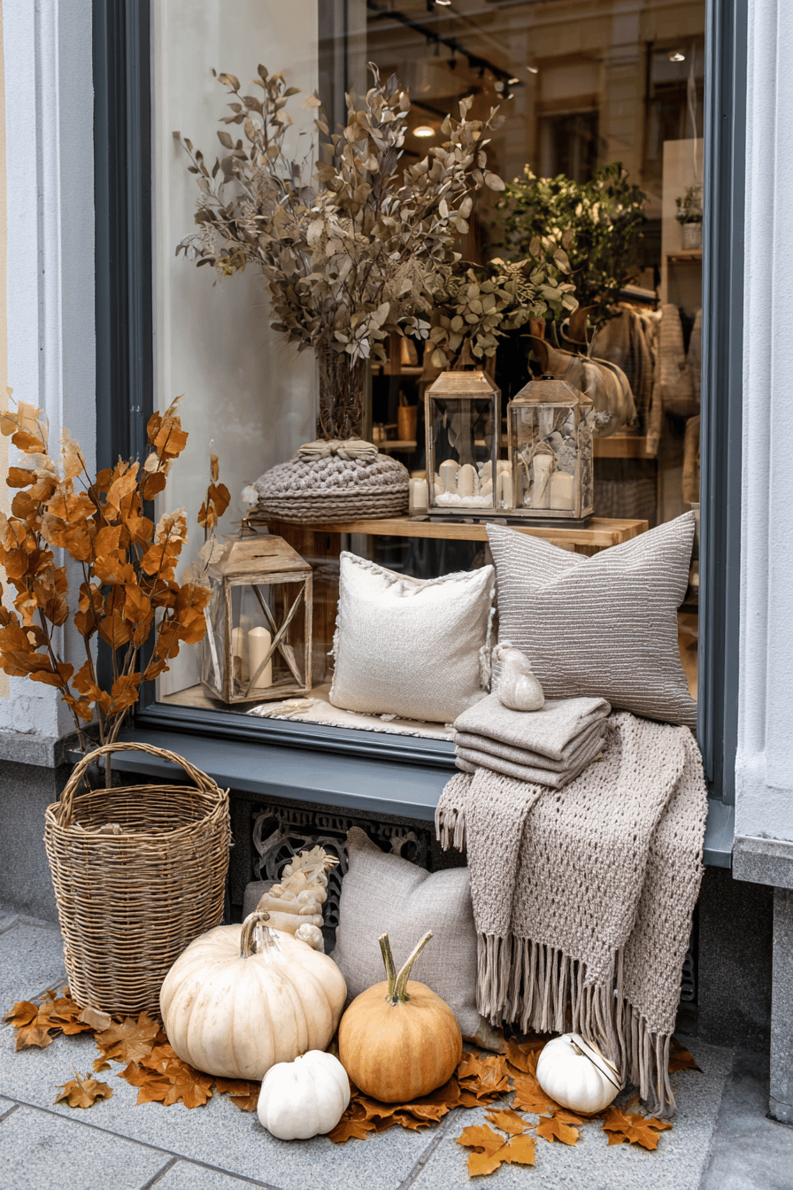 Eine herbstliche Schaufensterdekoration mit Kürbissen, Kissen und Laternen.