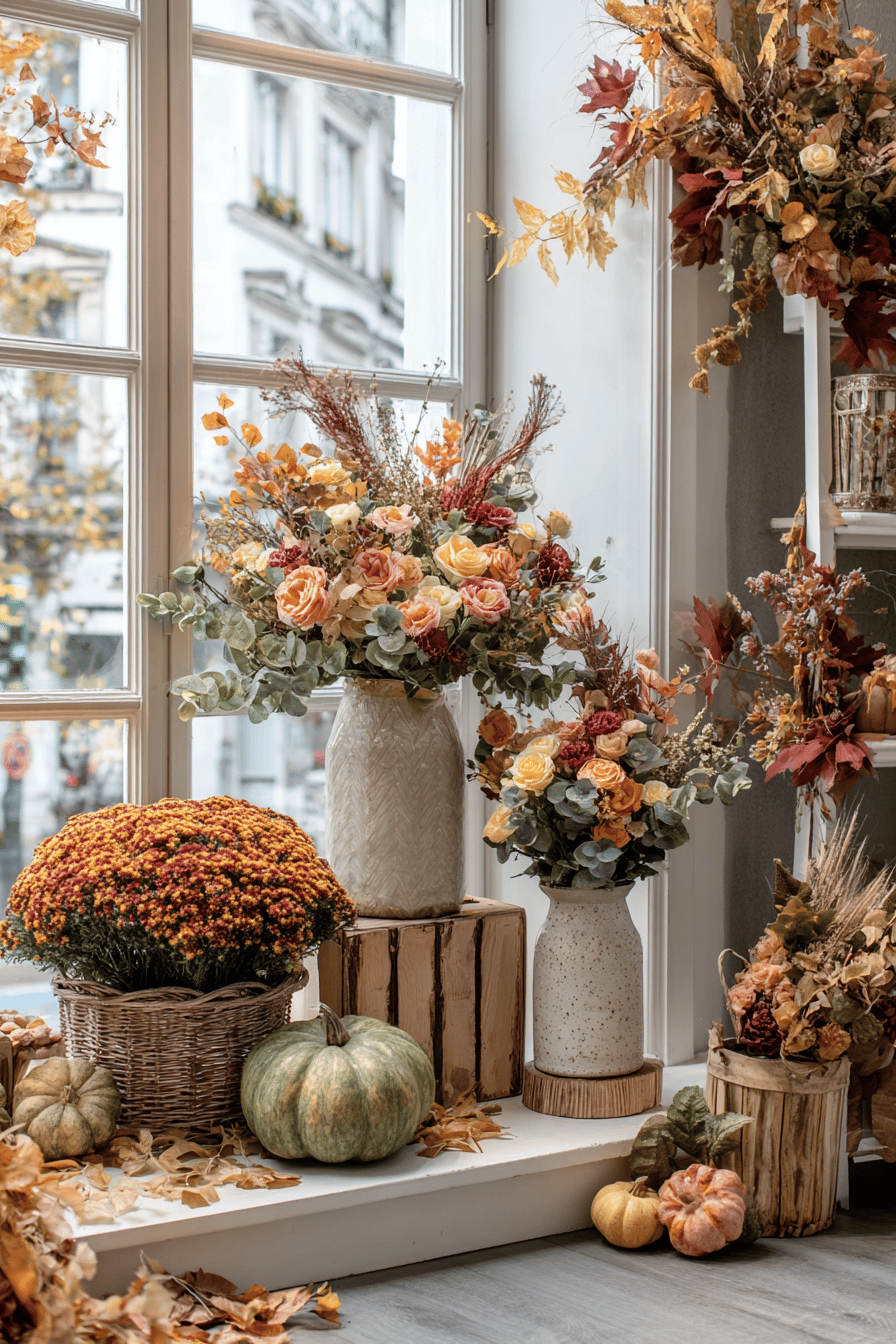 Herbstliches Schaufenster mit Blumenarrangements und Kürbissen.