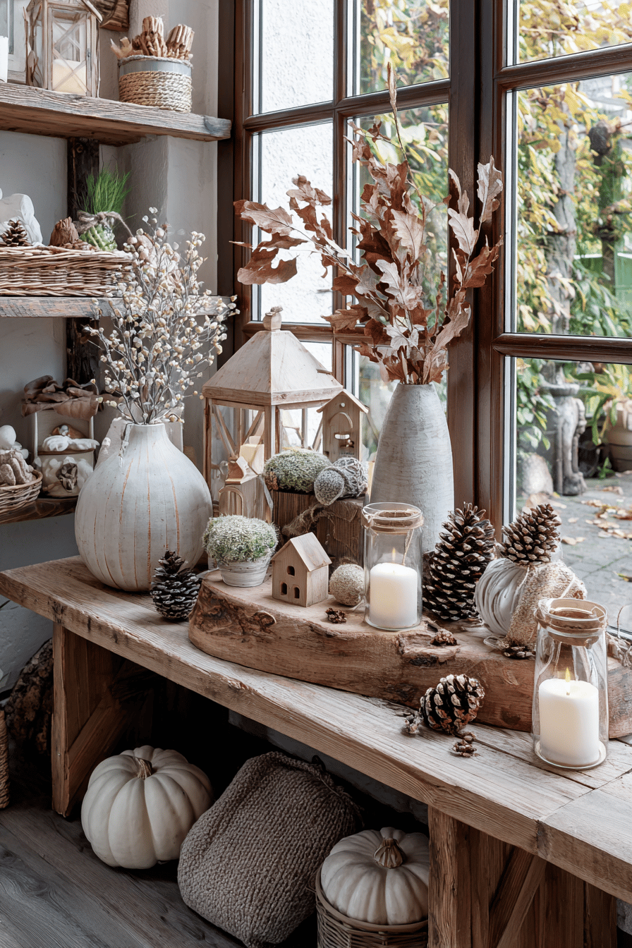 Ein herbstliches Schaufenster mit Holzdekorationen, Laternen, Kerzen und Tannenzapfen.