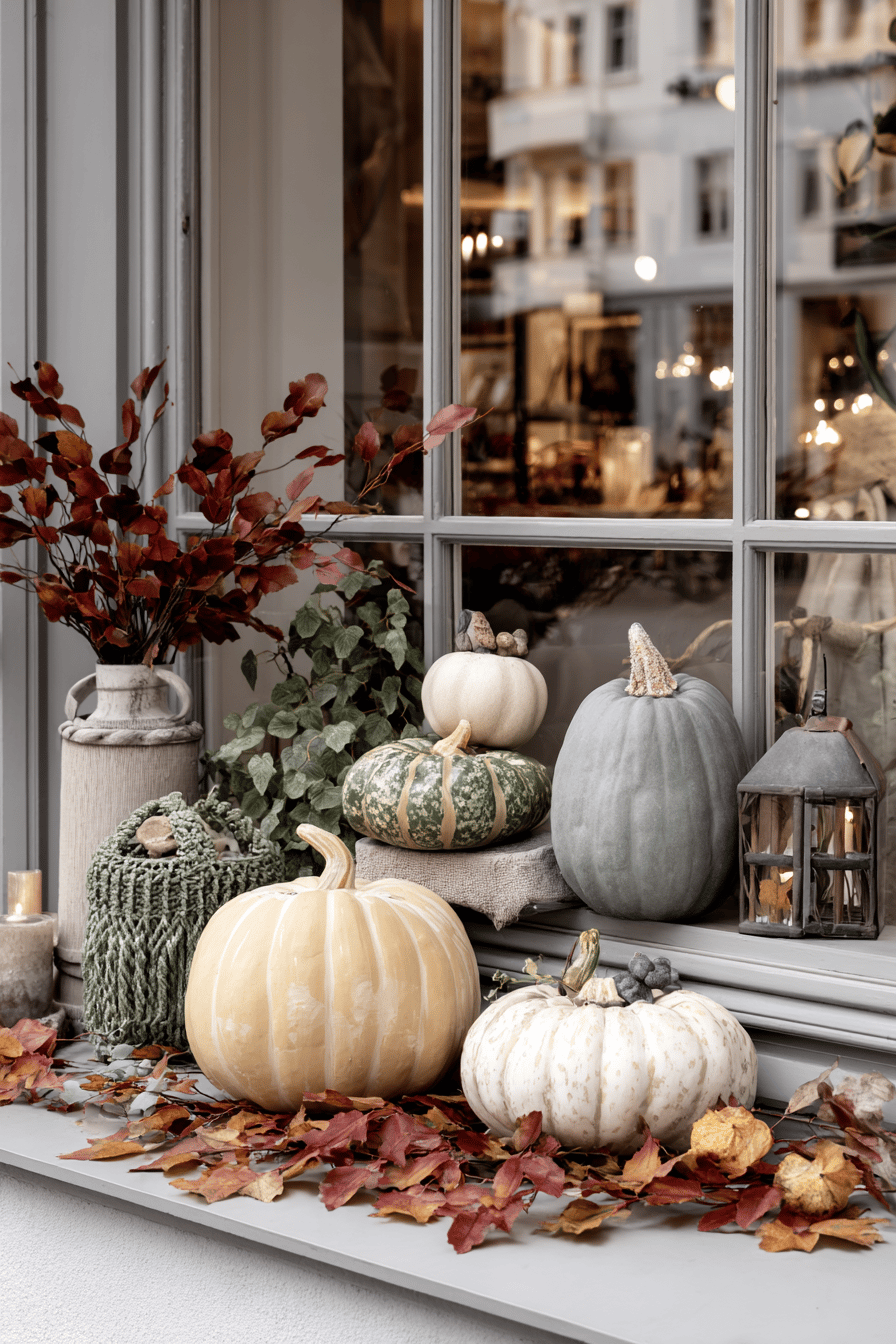 Herbstliche Schaufensterdekoration mit Kürbissen, Blättern und Laternen.