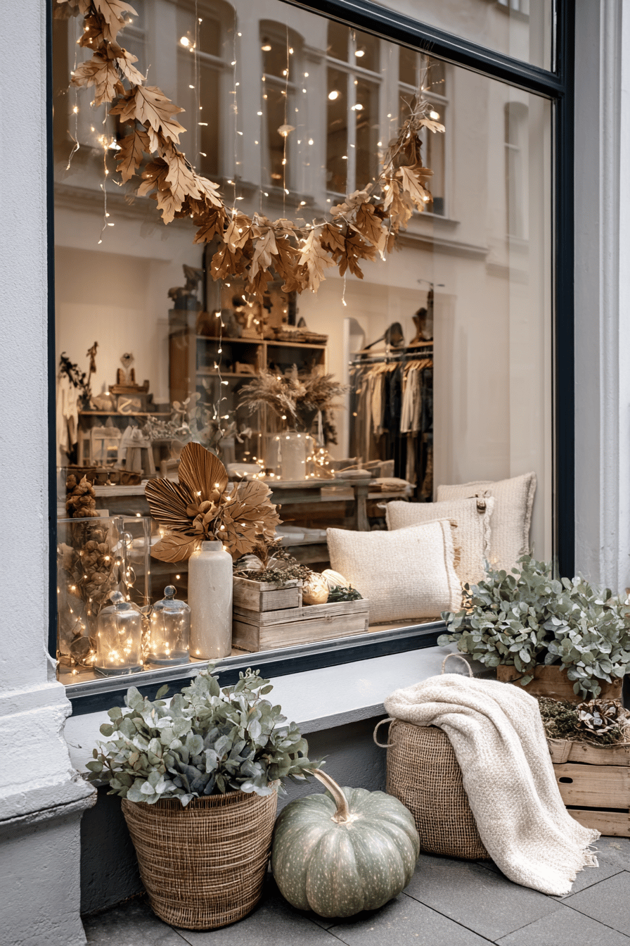 Herbstlich dekoriertes Schaufenster mit Lichterketten, Trockenblumen und Kürbis.