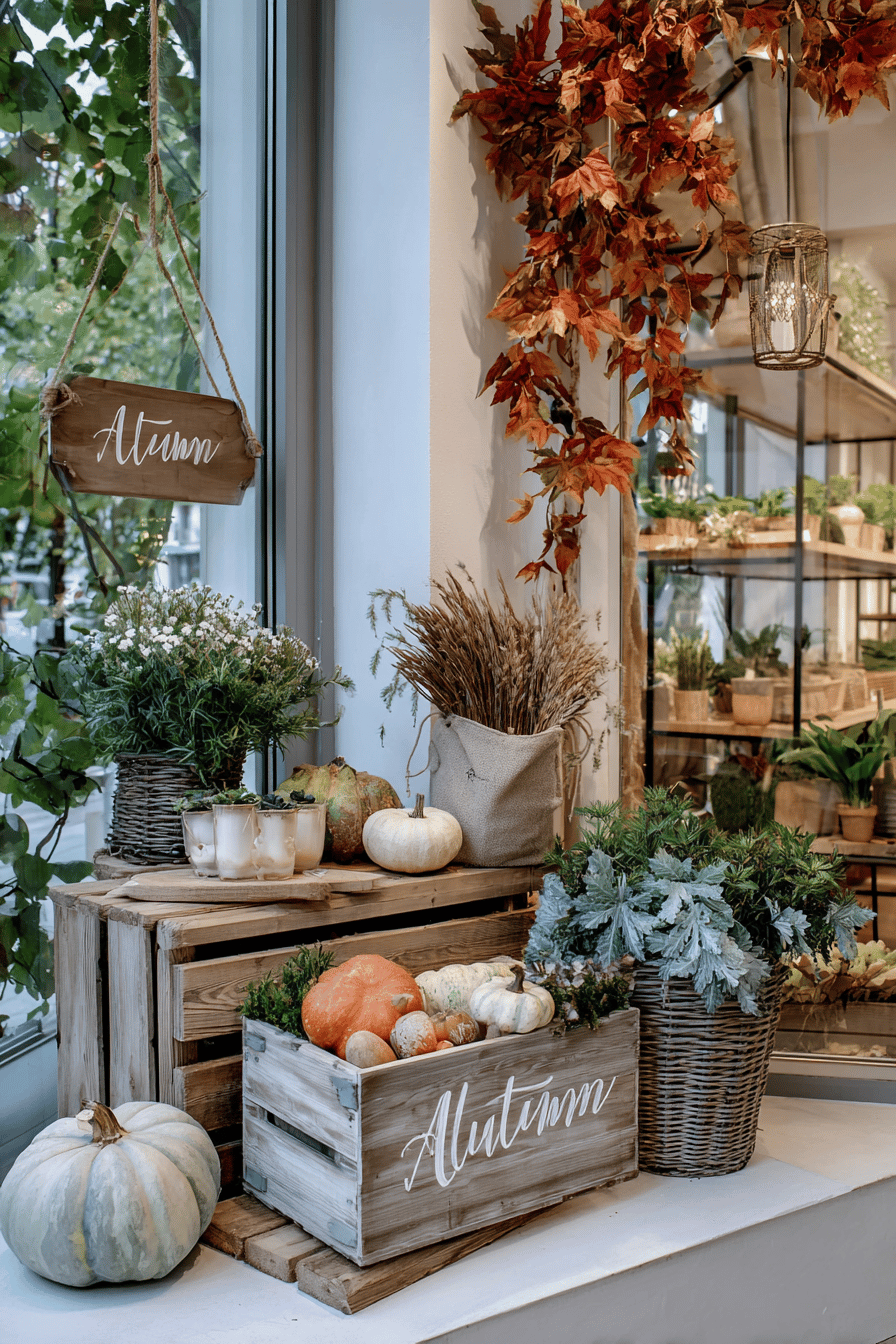 Herbstliche Schaufensterdekoration mit Holzschildern, Kürbissen und Pflanzen.