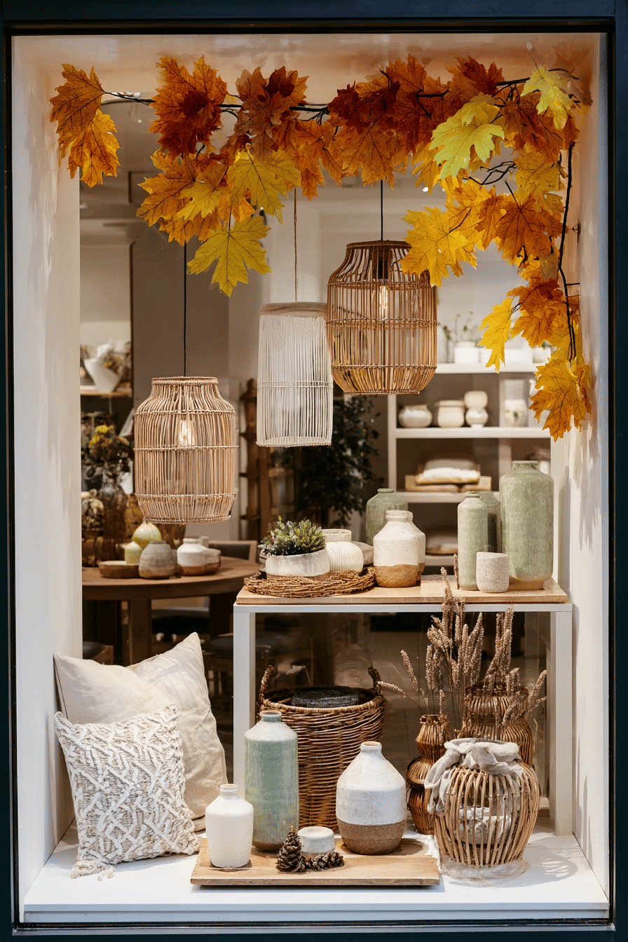 Ein stilvoll dekoriertes Schaufenster mit herbstlichen Akzenten aus Laub und Korbdekorationen.