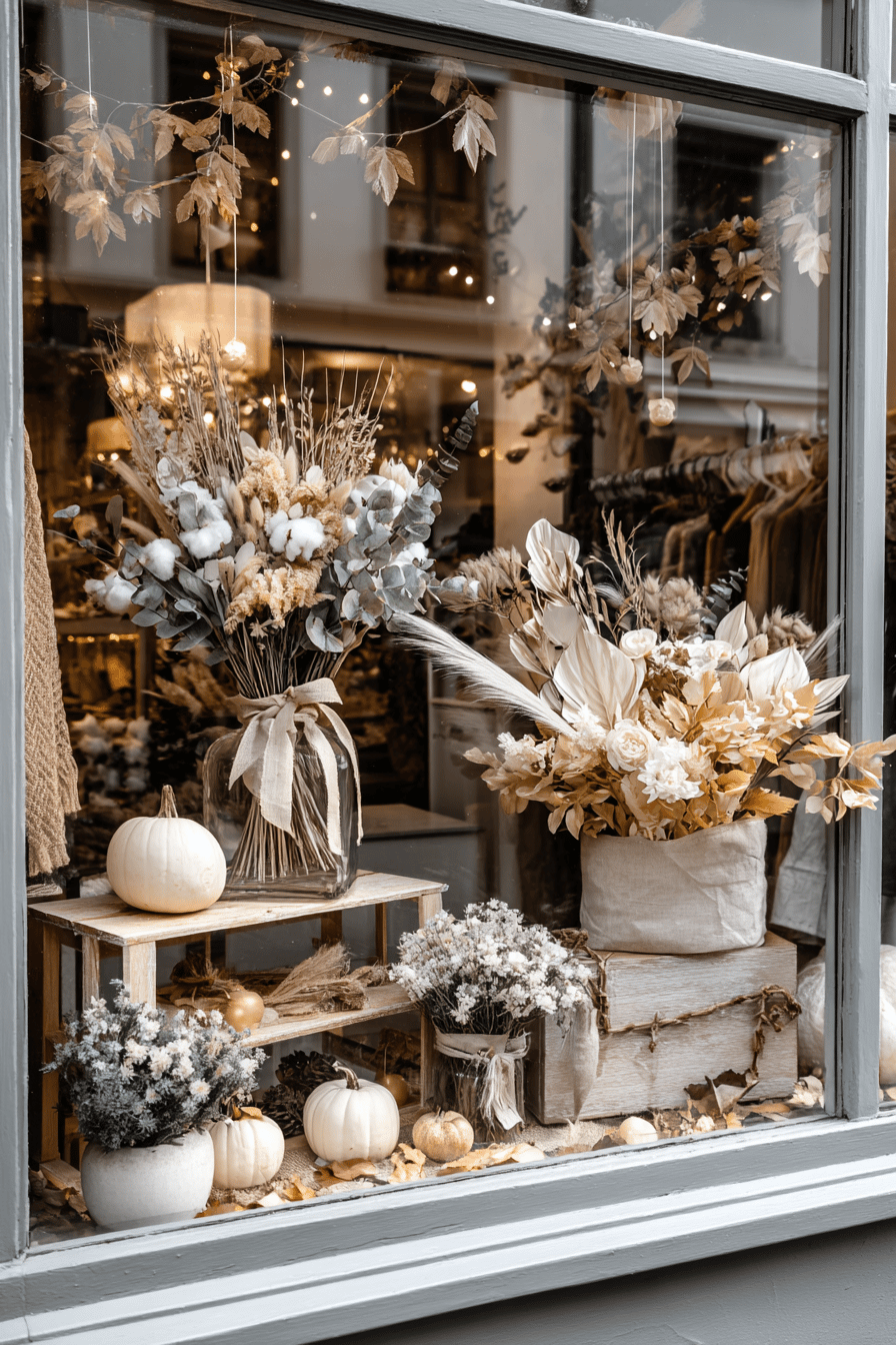 Schaufenster mit Trockenblumen, weißen Kürbissen und herbstlicher Dekoration.