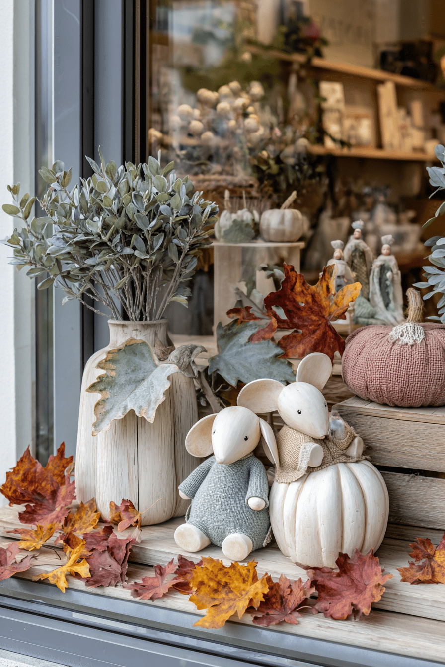 Herbstliche Schaufensterdeko mit niedlichen Tierfiguren, getrockneten Blättern und Kürbissen.