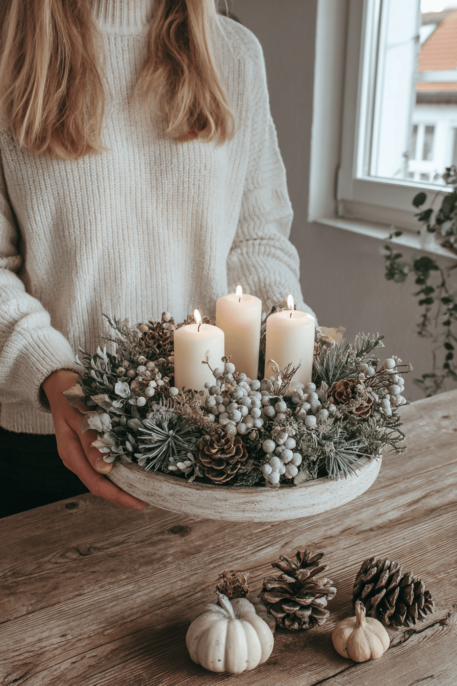 Frau hält skandinavischen Adventskranz mit Kerzen, Beeren und Tannenzapfen.