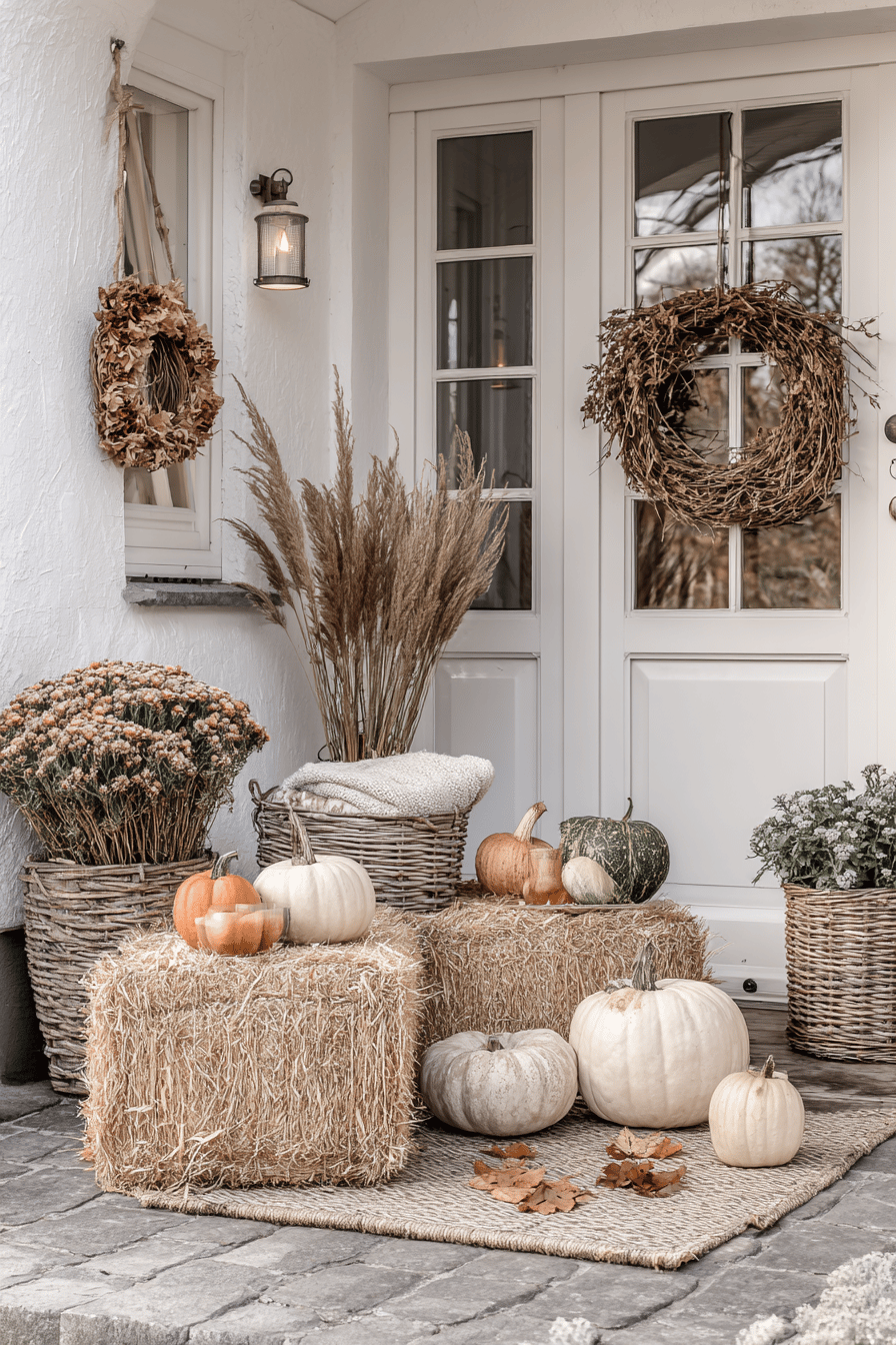 Strohballen mit Kürbissen und herbstlichem Schmuck vor einer Haustür.