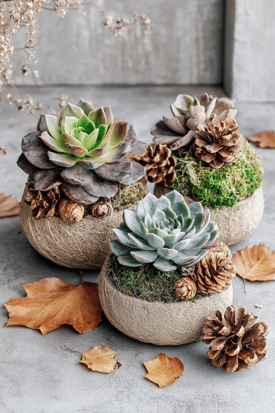 Sukkulenten arrangiert in Moostöpfen mit Kiefernzapfen und Herbstblättern.