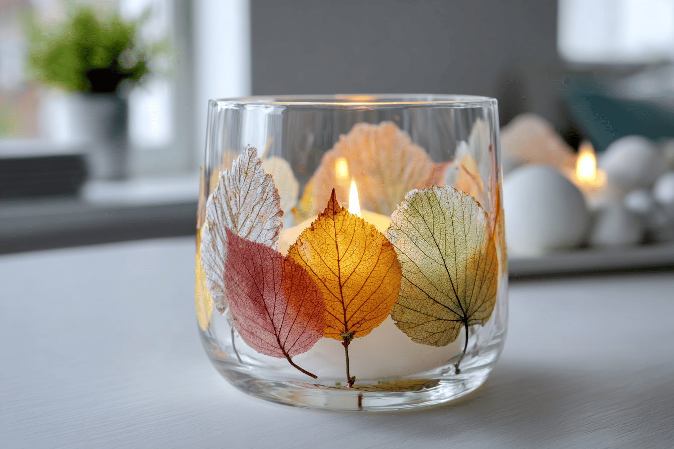 Kerze in Glas mit bunten Blättern