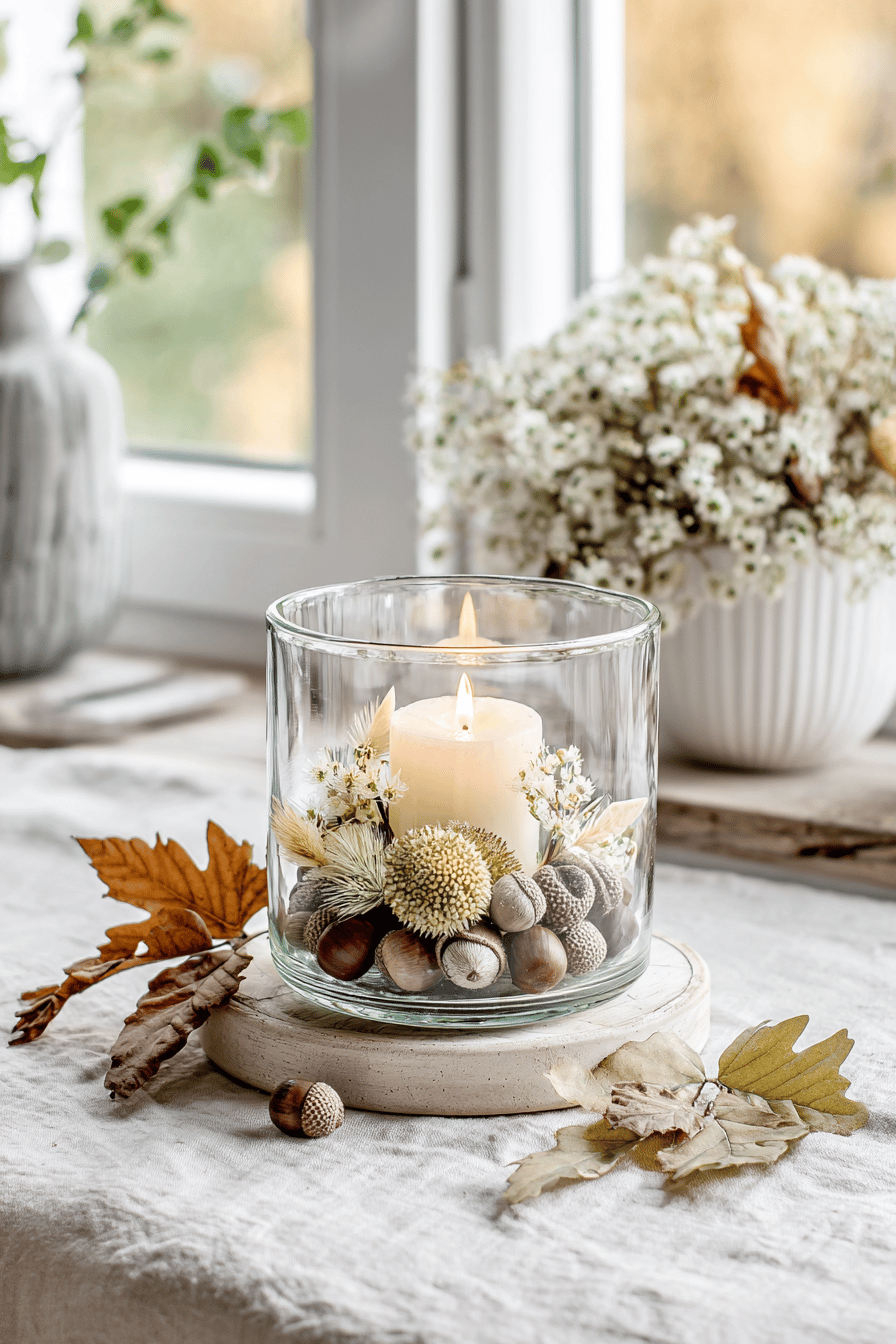 Ein herbstliches Teelicht in einem Glas, dekoriert mit Eicheln, Kastanien und Trockenblumen.